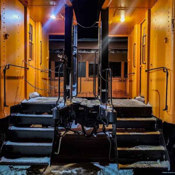 a train on the tracks at night